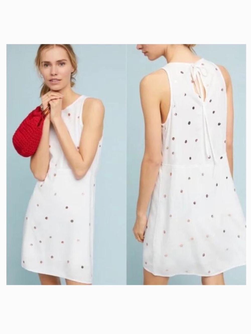 Anthropologie White Rose Gold Polka Dot Print Preppy Coastal Shift Mini Dress M
